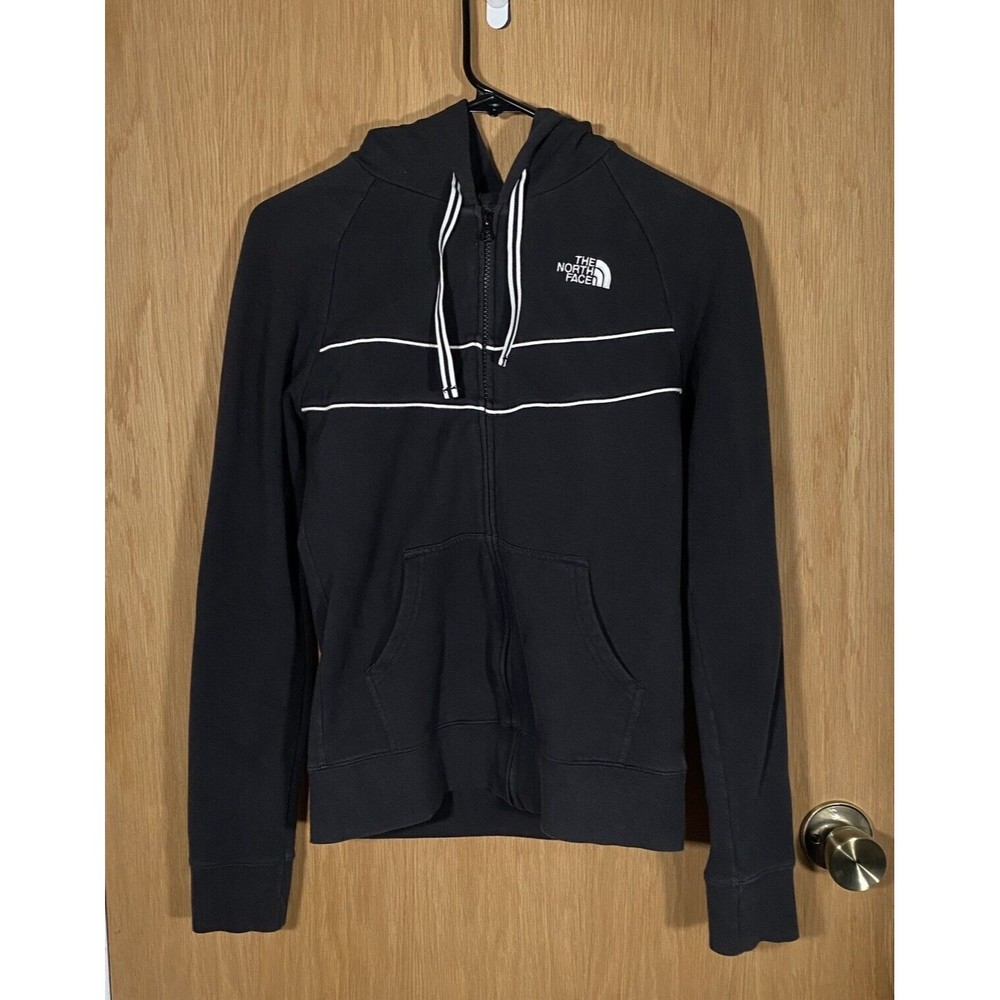 The North Face Black Hoodie Cotton Zip Up Pockets White Stripes Women's Sz XS